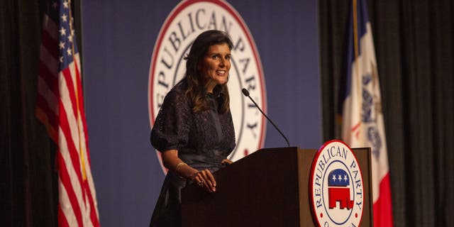 Nikki Haley speaks during the Iowa GOP Lincoln Dinner in Des Moines, Iowa, on Thursday, June 24, 2021. (Rachel Mummey/Bloomberg via Getty Images)