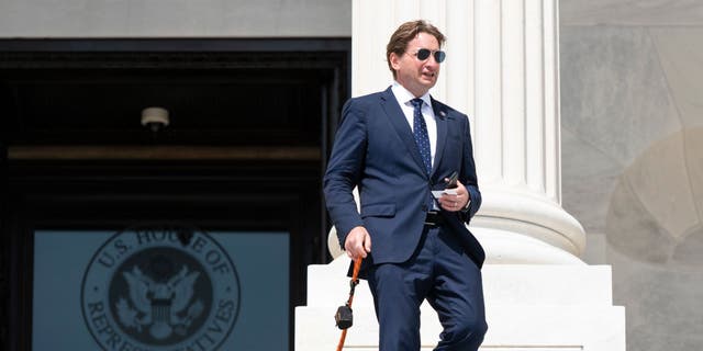 Rep. Dean Phillips, D-Minn., and his dog Henry walk down the steps of the Capitol after the last vote of the week on Friday, June 25, 2021. (Photo by Bill Clark/CQ-Roll Call, Inc via Getty Images)