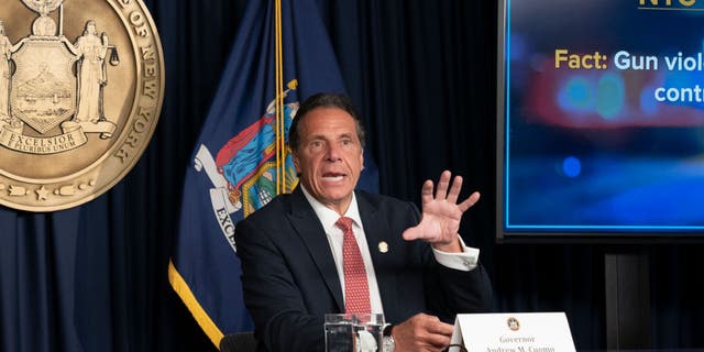 Governor Andrew Cuomo holds a press briefing and makes announcement to combat COVID-19 Delta variant at 633 3rd Avenue on Aug. 2, 2021. (Photo by Lev Radin/Pacific Press/LightRocket via Getty Images)
