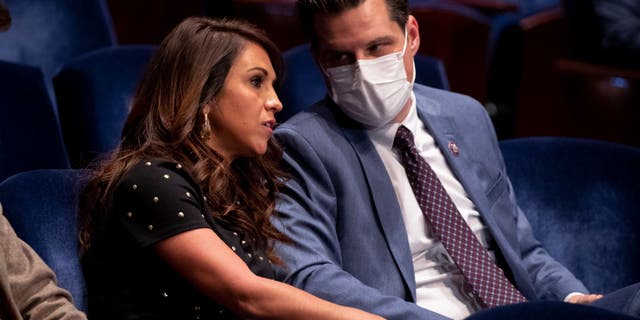 Rep. Lauren Boebert, R-Colo., talks with Rep. Matt Gaetz, R-Fla., during a House Judiciary Committee hearing at the U.S. Capitol on Oct. 21, 2021 in Washington, D.C. (Photo by Michael Reynolds-Pool/Getty Images)
