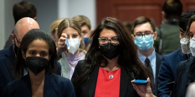 Rep. Rashida Tlaib leaves a meeting of Progressive House Democrats at Capitol on Oct. 28, 2021. (Drew Angerer/Getty Images)