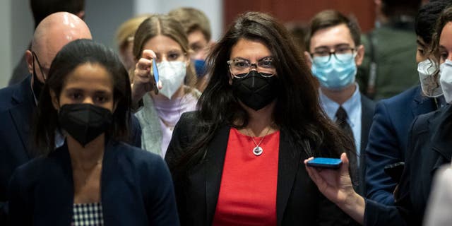 Rep. Rashida Tlaib leaves a meeting of Progressive House Democrats at Capitol on Oct. 28, 2021. (Drew Angerer/Getty Images)