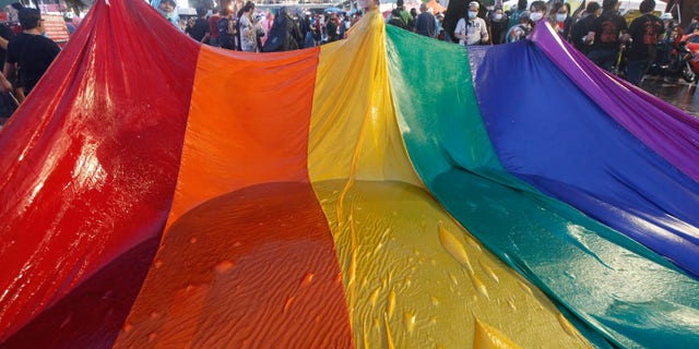 LGBT pro-democracy protesters carry a rainbow flag during a demonstration. (Photo by Chaiwat Subprasom/SOPA Images/LightRocket via Getty Images)