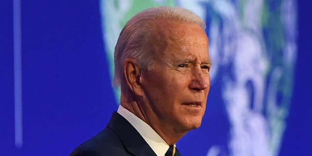 President Joe Biden presents his national statement during day two of COP26 on Nov. 1, 2021, in Glasgow. (Photo by Andy Buchanan - Pool/Getty Images)