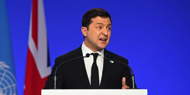 GLASGOW, SCOTLAND - Ukraine's President Volodymyr Zelensky presents his national statement during day two of COP26. (Photo by Andy Buchanan - Pool/Getty Images)