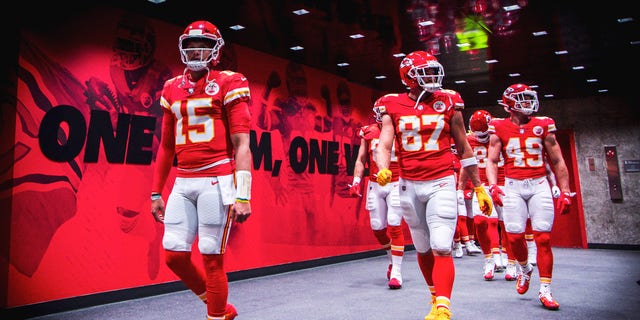 Kansas City Chiefs quarterback Patrick Mahomes (15) leads the team out of the locker room prior to the game against the New York Giants on Nov. 1, 2021, at GEHA field at Arrowhead Stadium in Kansas City, Missouri.