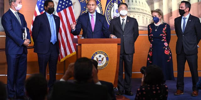 Democratic Rep. Hakeem Jeffries, with colleagues,  speaks at a press conference following a meeting of the Democratic Caucus at the US Capitol in Washington, D.C., on Nov. 2, 2021. (Photo by MANDEL NGAN/AFP via Getty Images)