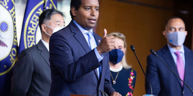 House Rep. Joe Neguse, D.-Colo., speaks during a press conference after a House Democratic Caucus meeting at the U.S. Capitol on Nov. 2, 2021, in Washington, D.C. Left to right, Ted Lieu, D.-Calif., Debbie Dingell, D-Mich., and Chairman Hakeem Jeffries, D.-N.Y. (Photo by Allison Shelley/Getty Images)