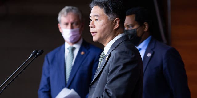 House Rep. Ted Lieu, D-Calif., speaks during a press conference after a House Democratic Caucus meeting at the U.S. Capitol on Nov. 2, 2021 in Washington, D.C. (Photo by Allison Shelley/Getty Images)