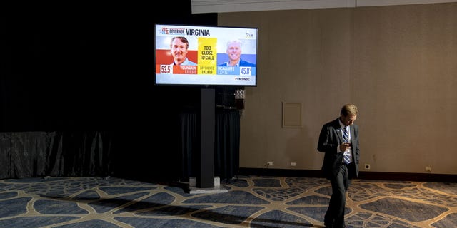 An attendee walks away after watching election results during an election night event for Terry McAuliffe, Democratic gubernatorial candidate for Virginia.
