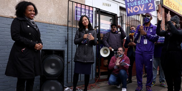 Michelle Wu thanks Acting Mayor Kim Janey for her efforts at a Get Out The Vote Canvass Kickoff in Boston on Election Day, Nov. 2, 2021. 