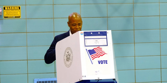 Democratic mayoral candidate Eric Adams votes for himself as the next New York City mayor on Nov. 2, 2021, in the Bedford-Stuyvesant section of Brooklyn. (Luiz C. Ribeiro/New York Daily News/Tribune News Service via Getty Images)