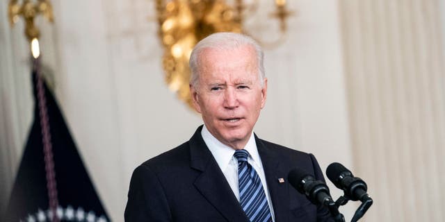 President Biden delivers remarks on the October jobs reports in the State Dining Room at the White House Nov. 5, 2021.