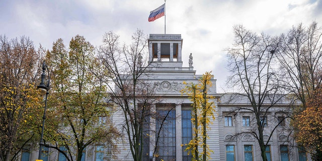 Nov. 5, 2021, Berlin: A Russian flag flies at the Russian embassy in Berlin.