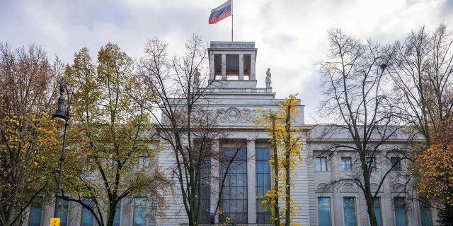 Nov. 5, 2021, Berlin: A Russian flag flies at the Russian embassy in Berlin.