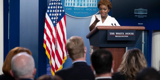 WASHINGTON, DC - NOVEMBER 05: White House Deputy Press Secretary Karine Jean-Pierre speaks during the daily press briefing at the White House on November 5, 2021 in Washington, DC. Jean-Pierre spoke to reporters about the Build Back Better agenda and the October jobs reports. (Photo by Sarah Silbiger/Getty Images)