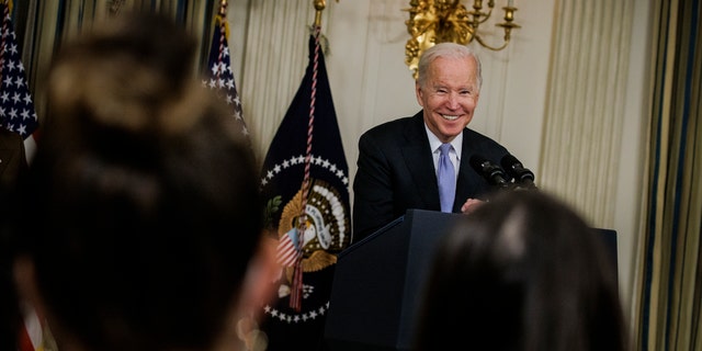 WASHINGTON, DC - NOVEMBER 06: U.S. President Joe Biden speaks during a press conference in the State Dinning Room at the White House on November 6, 2021 in Washington, DC. (Photo by Samuel Corum/Getty Images)