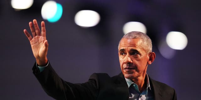 Former President Obama after delivering his speech at COP26 on Nov. 8, 2021, in Glasgow, Scotland. (Photo by Christopher Furlong/Getty Images)