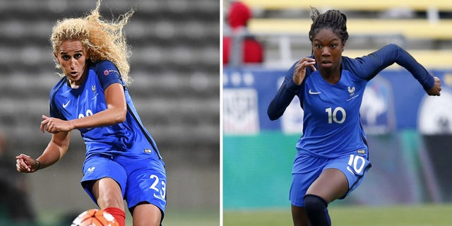 This combination of file photographs created on November 10, 2021, shows (L) France's midfielder Kheira Hamraoui as she kicks the ball during the women's Euro 2017 qualifying football match between France and Albania at The Charlety Stadium in Paris on September 20, 2016 and (R) France's midfielder Aminata Diallo as she runs with the ball during a 'SheBelieves Cup' football match between France and England at The Mapfre Stadium in Columbus, Ohio on March 1, 2018.