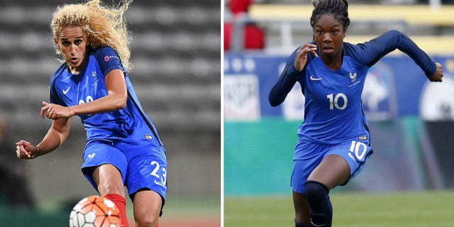 Cette combinaison de photographies d'archives créée le 10 novembre 2021, montre (L) la milieu de terrain française Kheira Hamraoui alors qu'elle frappe le ballon lors du match de football féminin de qualification pour l'Euro 2017 entre la France et l'Albanie au stade Charlety à Paris le 20 septembre 2016 et ( R) La milieu de terrain française Aminata Diallo alors qu'elle court avec le ballon lors d'un match de football « SheBelieves Cup » entre la France et l'Angleterre au stade Mapfre de Columbus, Ohio, le 1er mars 2018.