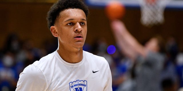 Paolo Banchero #5 of the Duke Blue Devils warms up prior to their game against the Army Black Knights at Cameron Indoor Stadium on November 12, 2021 in Durham, North Carolina.