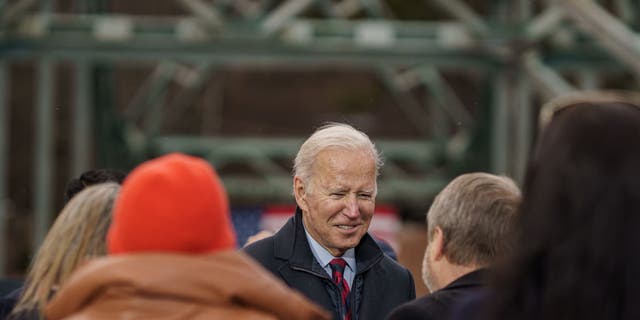 President Biden greets people after delivering a speech on infrastructure in Woodstock, New Hampshire, on Nov. 16, 2021. (John Tully/Getty Images)