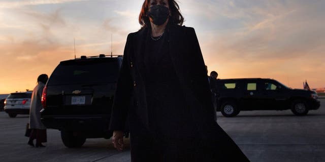 Vice President Kamala Harris speaks to the press before boarding Air Force Two at Columbus International Airport Nov. 19, 2021, in Columbus, Ohio. (Photo by BRENDAN SMIALOWSKI/AFP via Getty Images)