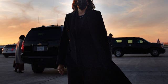 Vice President Kamala Harris speaks to the press before boarding Air Force Two at Columbus International Airport Nov. 19, 2021, in Columbus, Ohio. (Photo by BRENDAN SMIALOWSKI/AFP via Getty Images)