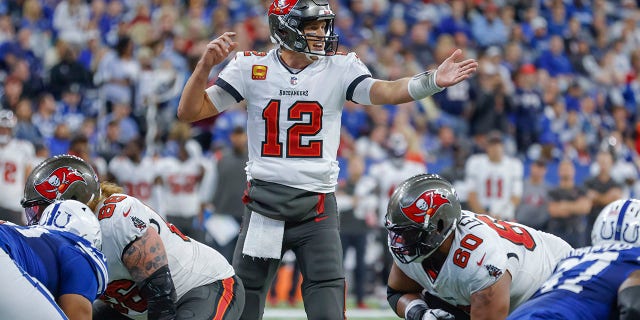 Tom Brady, #12 of the Tampa Bay Buccaneers, is seen during the game against the Indianapolis Colts at Lucas Oil Stadium on November 28, 2021 in Indianapolis, Indiana.