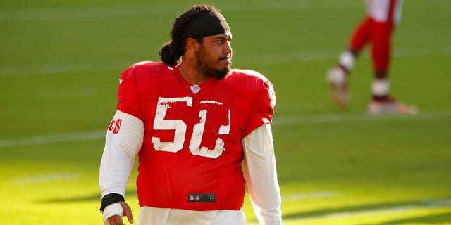Vita Vea of the Tampa Bay Buccaneers looks on during training camp at Raymond James Stadium Aug. 28, 2020 in Tampa, Fla.