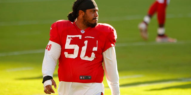 Vita Vea of the Tampa Bay Buccaneers looks on during training camp at Raymond James Stadium Aug. 28, 2020 in Tampa, Fla.