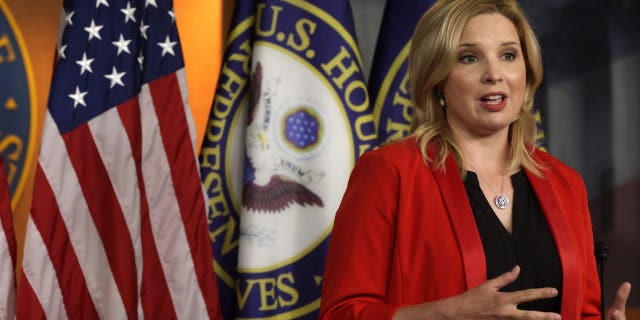 June 15, 2021: U.S. Rep. Ashley Hinson (R-IA) speaks during a news conference at the U.S Capitol in Washington, DC. (Photo by Alex Wong/Getty Images)
