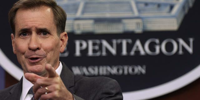 Department of Defense press secretary John Kirby participates in a news briefing at the Pentagon