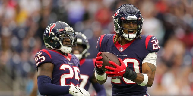 Justin Reid (20) of the Houston Texans reacts after missing an interception during the first half against the New England Patriots at NRG Stadium Oct. 10, 2021, in Houston.