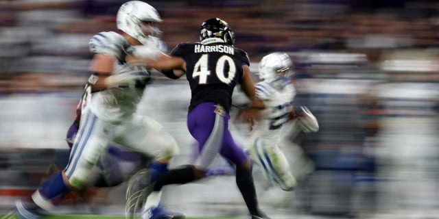BALTIMORE, MARYLAND - OCTOBER 11: Malik Harrison #40 of the Baltimore Ravens chases down a rusher during the third quarter in a game against the Indianapolis Colts at M&T Bank Stadium on October 11, 2021 in Baltimore, Maryland.