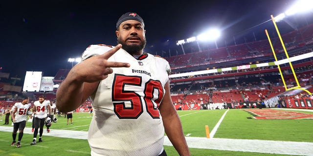 Vita Vea of the Tampa Bay Buccaneers celebrates after beating the Chicago Bears 38-3 at Raymond James Stadium Oct. 24, 2021 in Tampa, Fla.