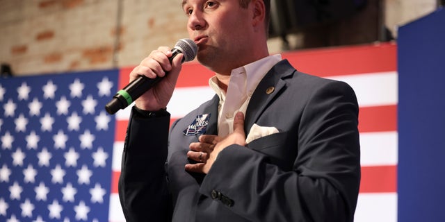 Virginia Republican Attorney General candidate Jason Miyares speaks during a campaign rally for Virginia Republican gubernatorial candidate Glenn Youngkin at the Nansemond Brewing Station on October 25, 2021 in Suffolk, Virginia. (Photo by Anna Moneymaker/Getty Images)