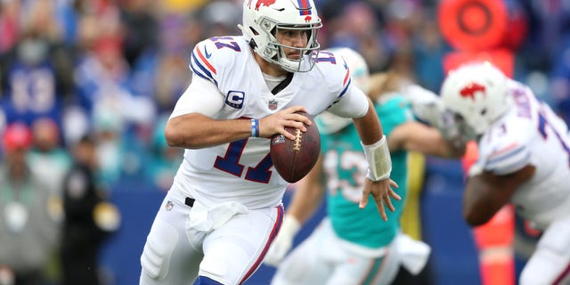 Josh Allen of the Buffalo Bills drops back to pass against the Miami Dolphins at Highmark Stadium Oct. 31, 2021, in Orchard Park, N.Y..