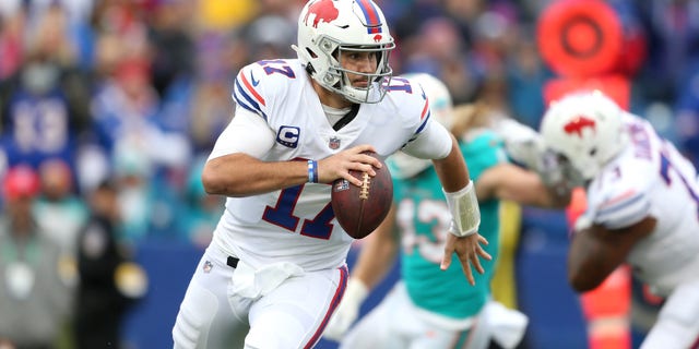 Josh Allen of the Buffalo Bills drops back to pass against the Miami Dolphins at Highmark Stadium Oct. 31, 2021, in Orchard Park, N.Y.