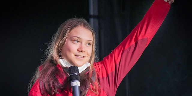 Climate activist Greta Thunberg speaks at a the "Fridays For Future" climate rally during COP26 on November 5, 2021 in Glasgow, Scotland.  (Photo by Christopher Furlong/Getty Images)