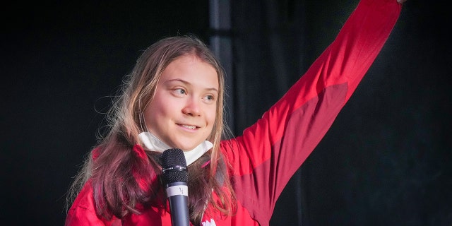 Climate activist Greta Thunberg speaks at a the