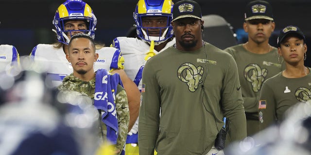  Von Miller #40 of the Los Angeles Rams looks on against the Tennessee Titans during the first quarter at SoFi Stadium on November 07, 2021 in Inglewood, California.