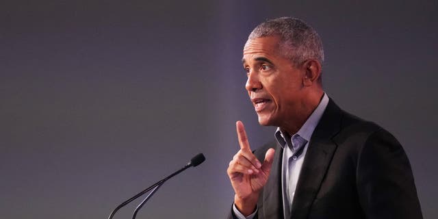 Former President Barack Obama delivers a speech at COP26 on Nov. 8, 2021, in Glasgow, Scotland. (Photo by Christopher Furlong/Getty Images)