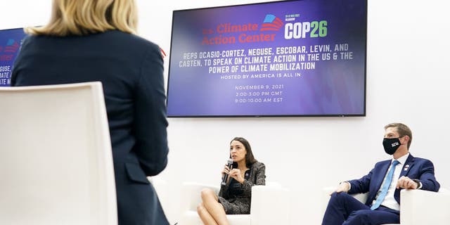 Rep. Alexandria Ocasio-Cortez speaks during an event at the US Climate Action Centre during COP26 on Nov. 9, 2021 in Glasgow, Scotland. (Photo by Ian Forsyth/Getty Images)