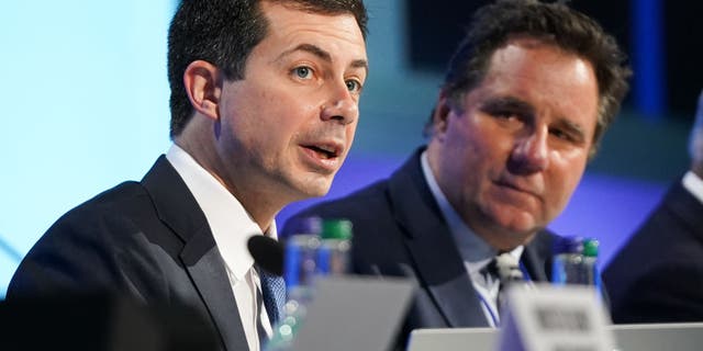 Pete Buttigieg, US Secretary of Transportation, speaks about Clydebank's statement on zero emissions in shipping on the tenth day of COP26 at SECC on November 10, 2021 in Glasgow, Scotland. (Photo by Ian Forsyth / Getty Images)