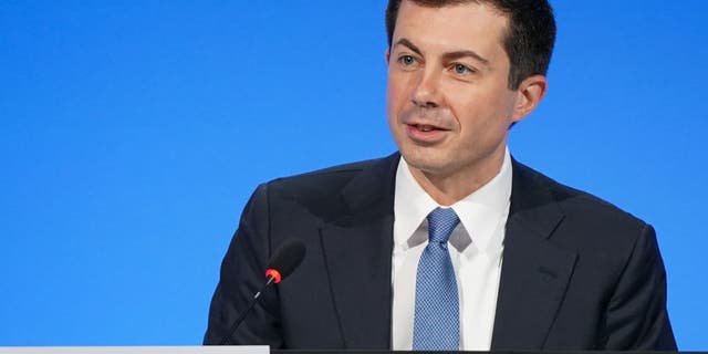Pete Buttigieg, US Secretary of Transportation, talks about Clydebank's announcement of zero emissions in freight on the 10th day of COP26 at SECC on November 10, 2021 in Glasgow, Scotland. (Photo by Ian Forsyth/Getty Images)