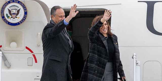 United States Vice President Kamala Harris and her husband Douglas Emhoff are seen leaving France at Orly Airport on November 13, 2021 in Paris, France.