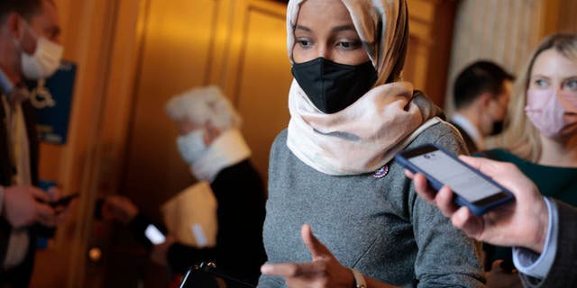 WASHINGTON, DC - NOVEMBER 16: Rep. Ilhan Omar (D-MN) speaks with a reporter as she leaves the U.S. Capitol Building on November 16, 2021 in Washington, DC. House Majority Leader Steny Hoyer (D-MD) said earlier today that he expects the House to vote on U.S. President Joe Biden's Build Back Better agenda before lawmakers break for recess for the Thanksgiving holiday. (Photo by Anna Moneymaker/Getty Images)
