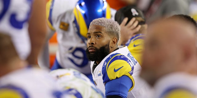 Odell Beckham Jr. of the Los Angeles Rams sits on the bench during a game against the San Francisco 49ers at Levi's Stadium Nov. 15, 2021, in Santa Clara, Calif. 