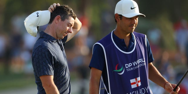 Rory McIlroy on the 18th green after Day Four of The DP World Tour Championship on Nov. 21, 2021, in Dubai, United Arab Emirates.